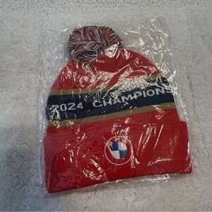 Panthers Hockey NHL 2024 Stanley Cup Champions Beanie Pom Pom Hat Red